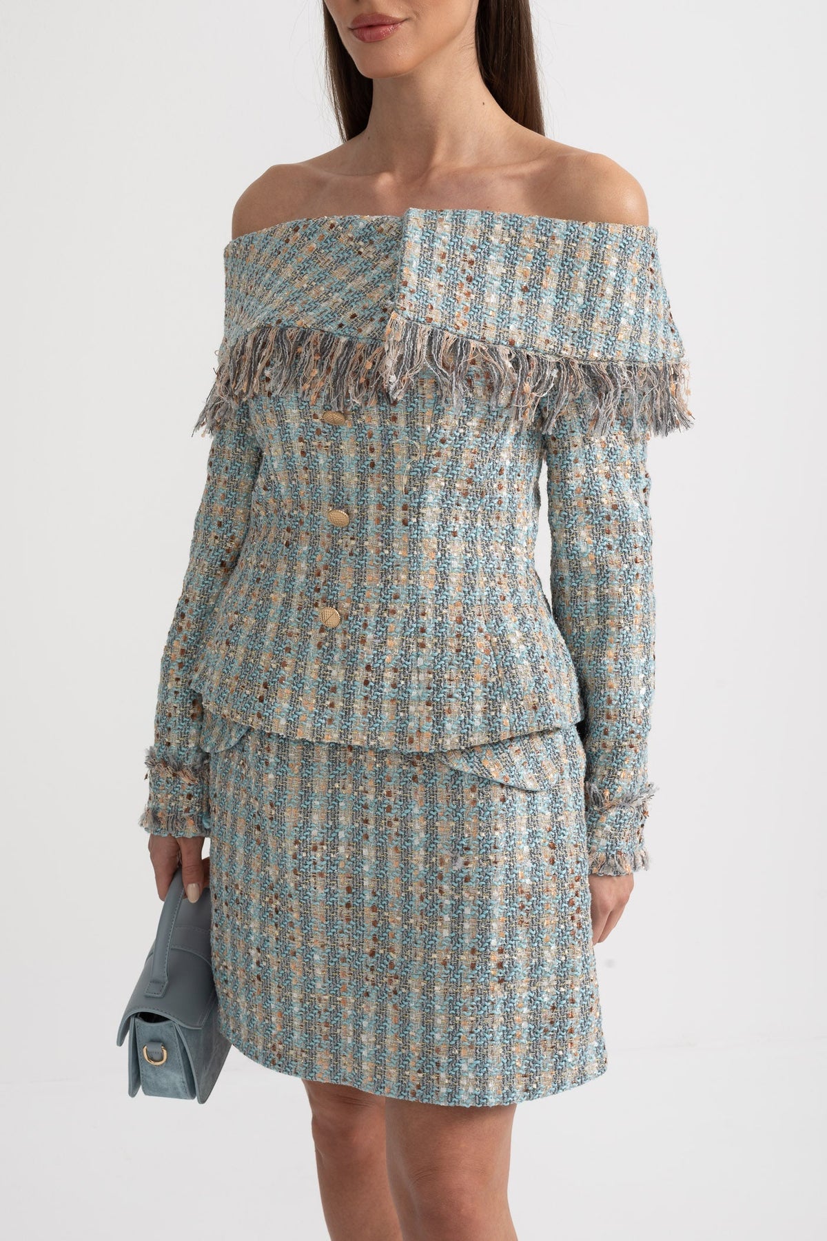 Plaid Tweed Off-Shoulder Top and Mini Skirt Co-ord Set – Blue – view 7