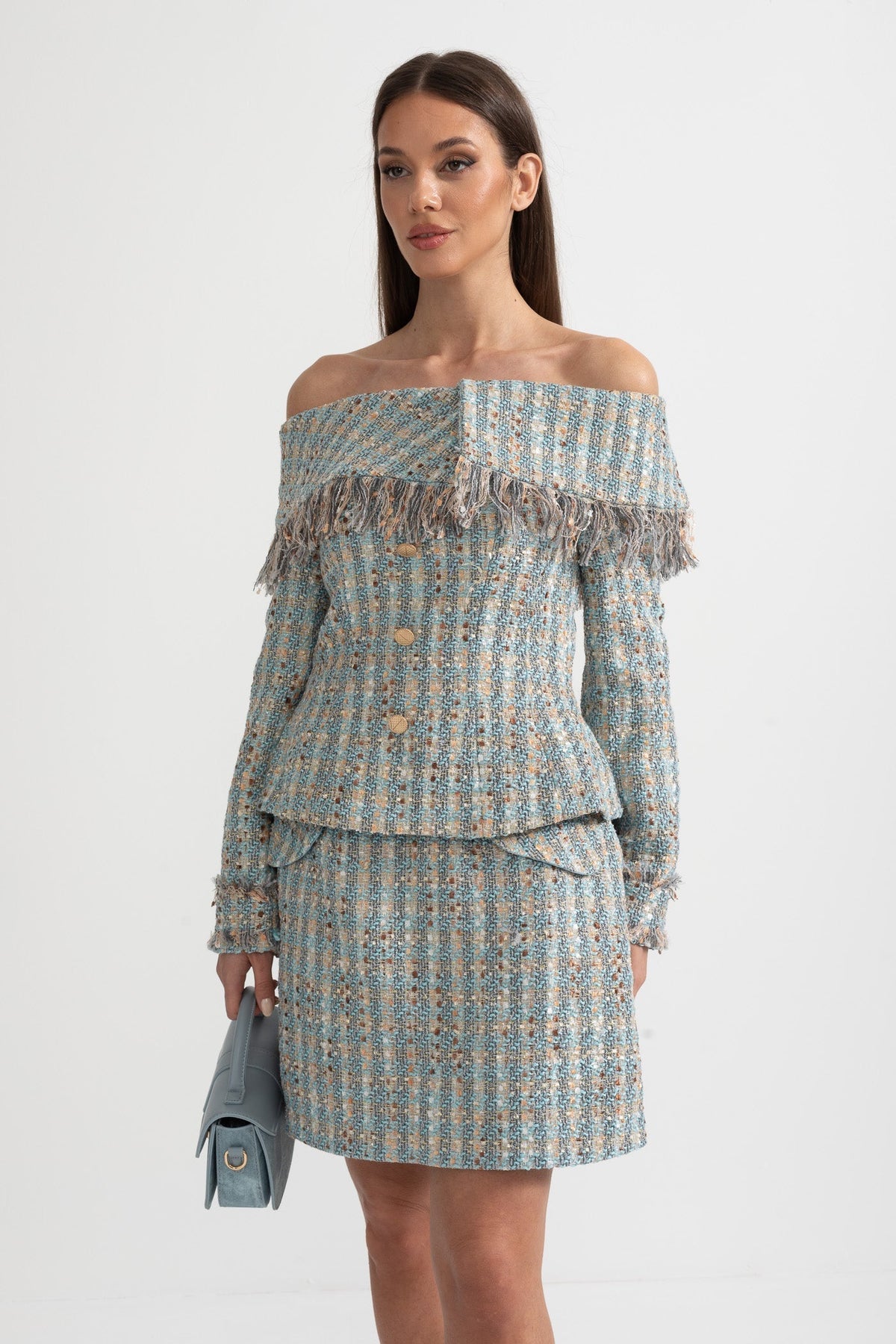 Plaid Tweed Off-Shoulder Top and Mini Skirt Co-ord Set – Blue – view 4