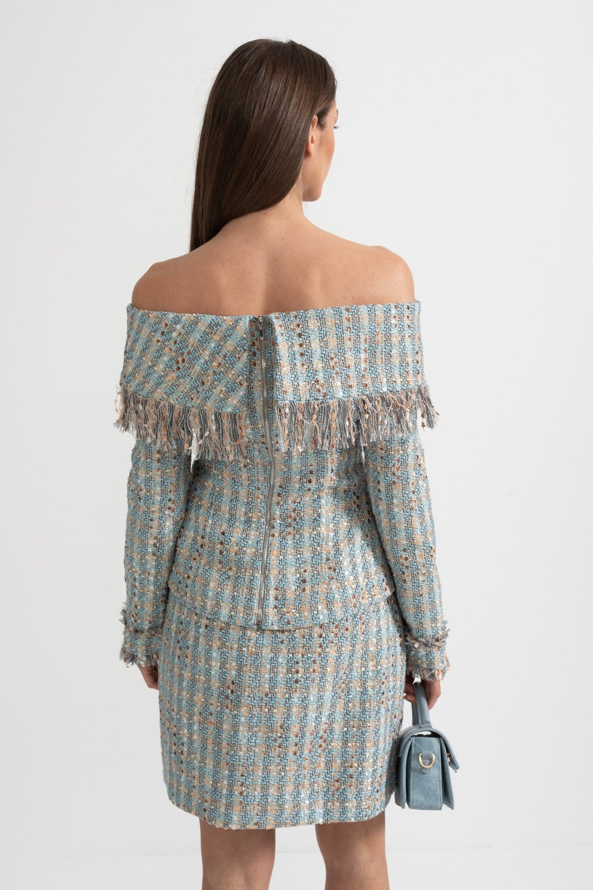 Plaid Tweed Off-Shoulder Top and Mini Skirt Co-ord Set – Blue – view 9