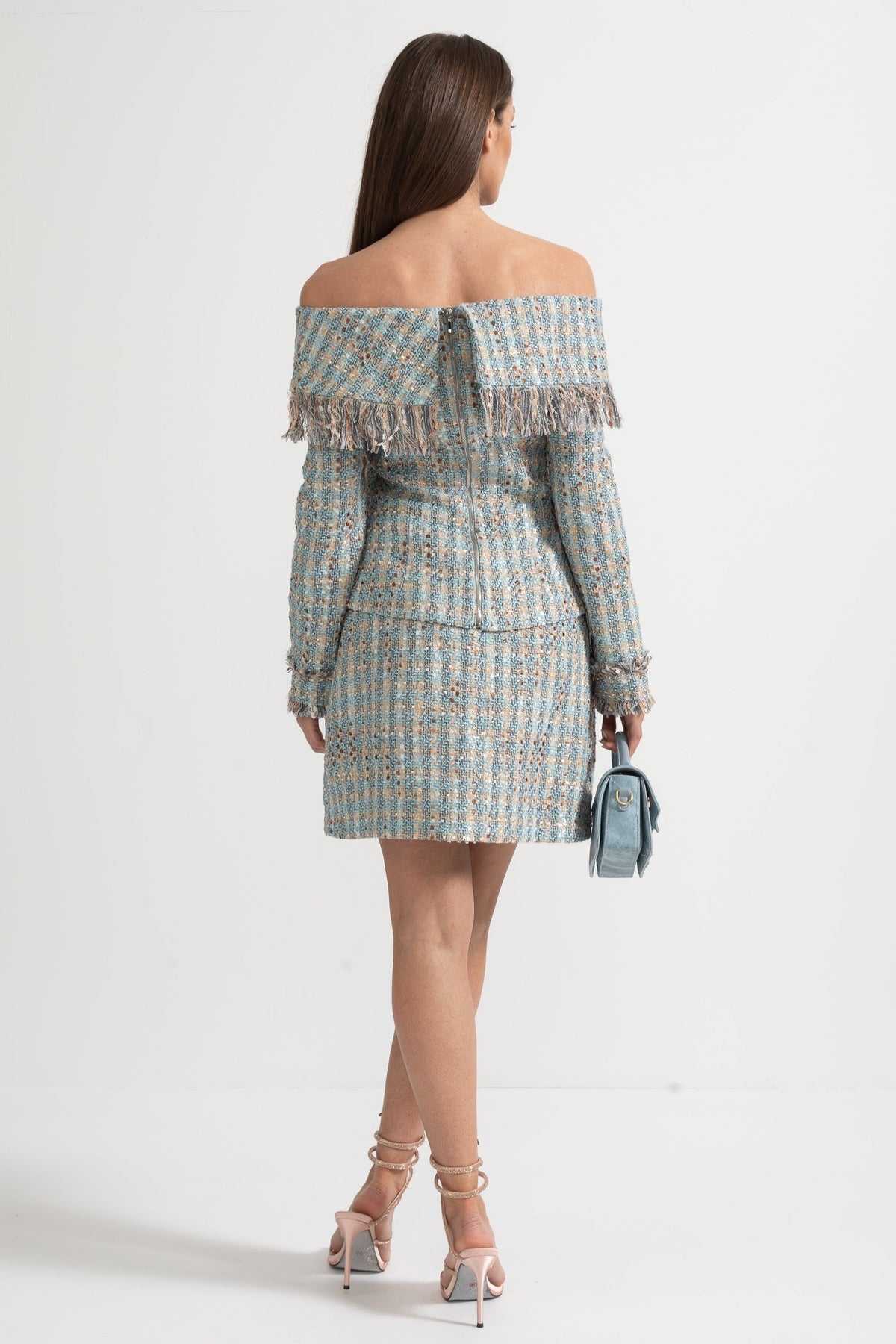 Plaid Tweed Off-Shoulder Top and Mini Skirt Co-ord Set – Blue – view 10