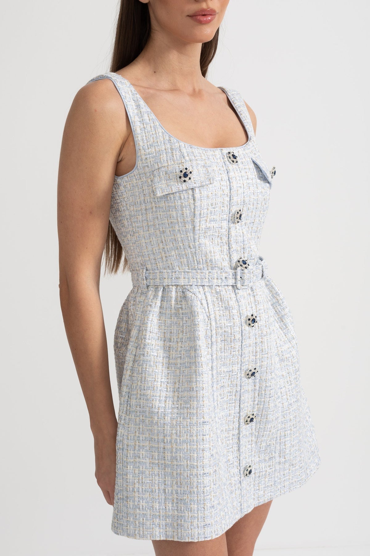Sleeveless Tweed Mini Dress with Scoop Neck and Contrast Buttons – Light Blue – view 7