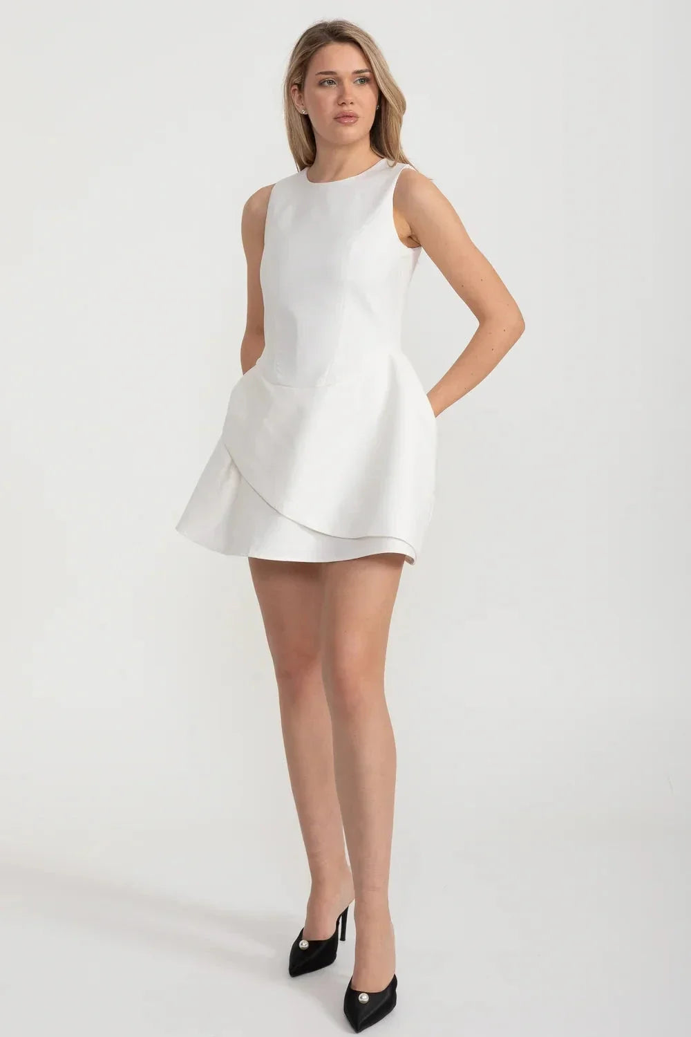 Sleeveless Mini Dress with Fitted Bodice and Asymmetric Layered Skirt – White – view 4