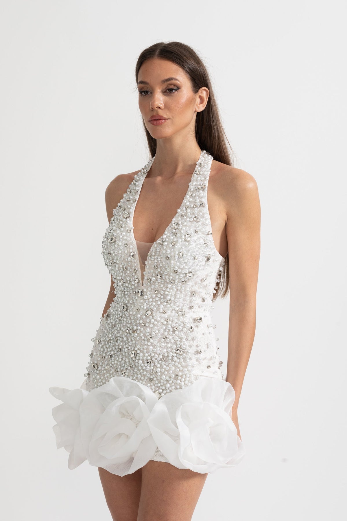 Deep V-Neck Pearl and Bead Embellished Mini Dress – White – view 7