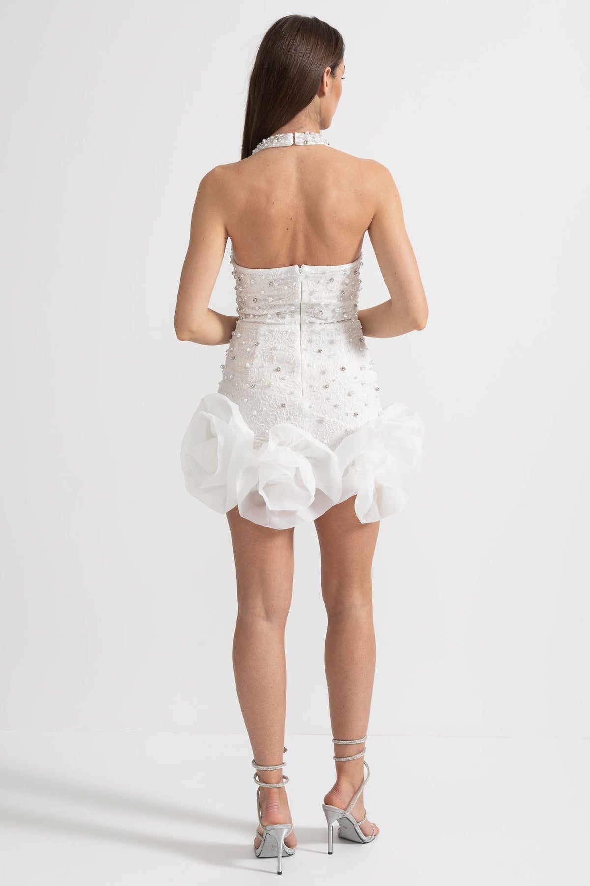Deep V-Neck Pearl and Bead Embellished Mini Dress – White