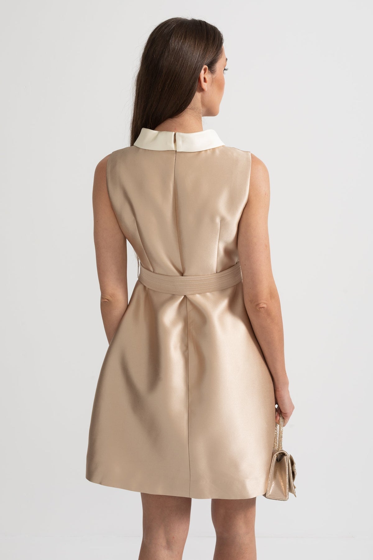 Satin Knee-Length Dress with White Collar and Bow Belt – Beige – view 7