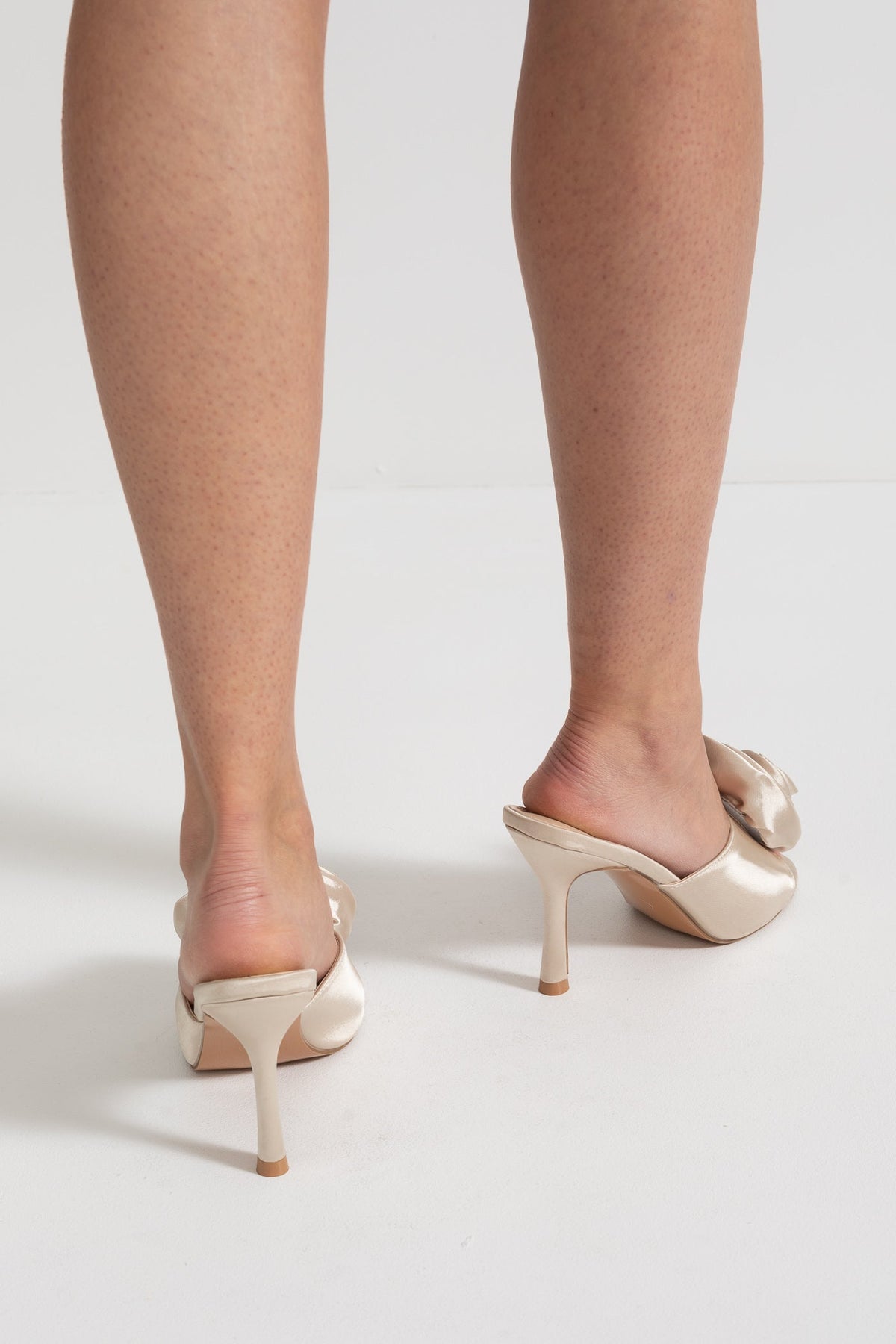 Satin Heeled Sandals with Flower Pom Pom Detail – Beige – view 4