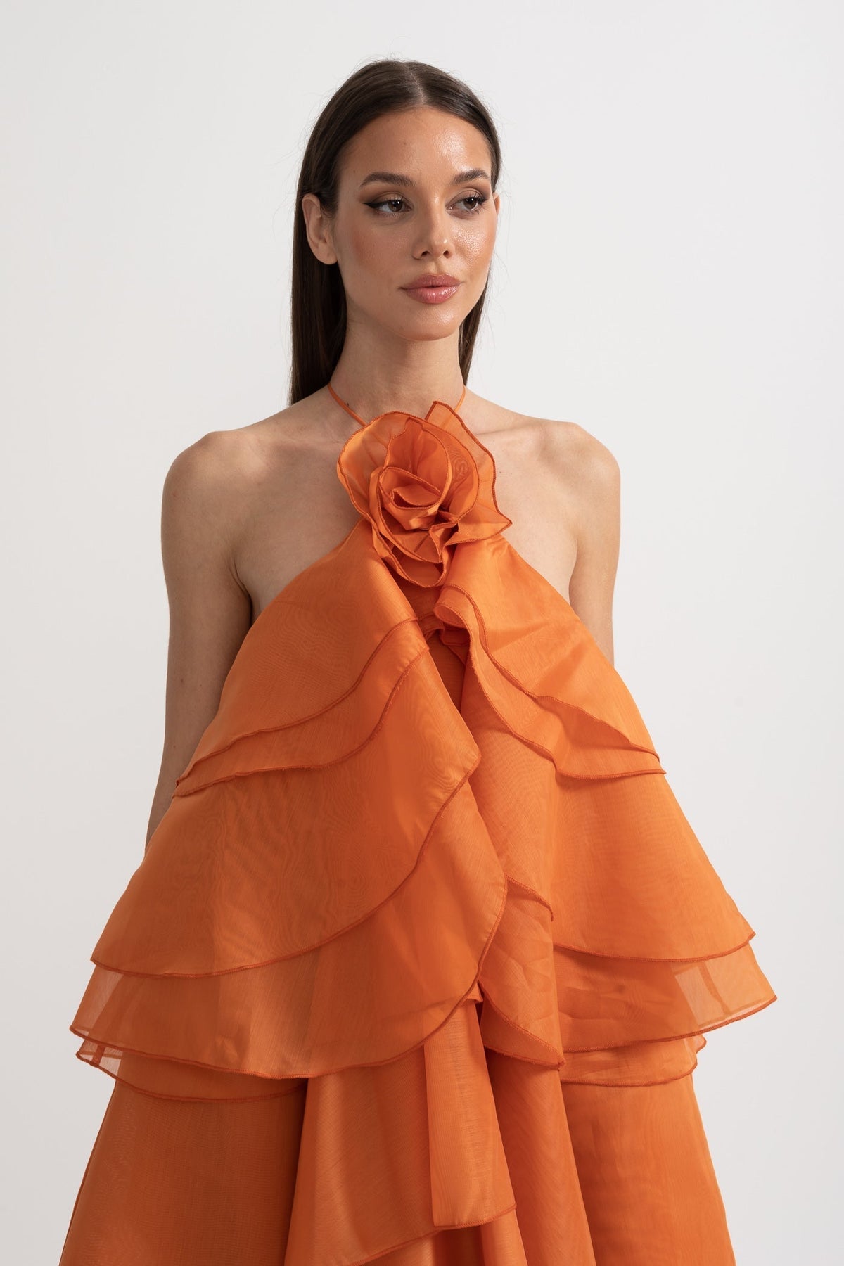 Layered Ruffle Halter Maxi Dress with Neckline Flower – Orange – view 2