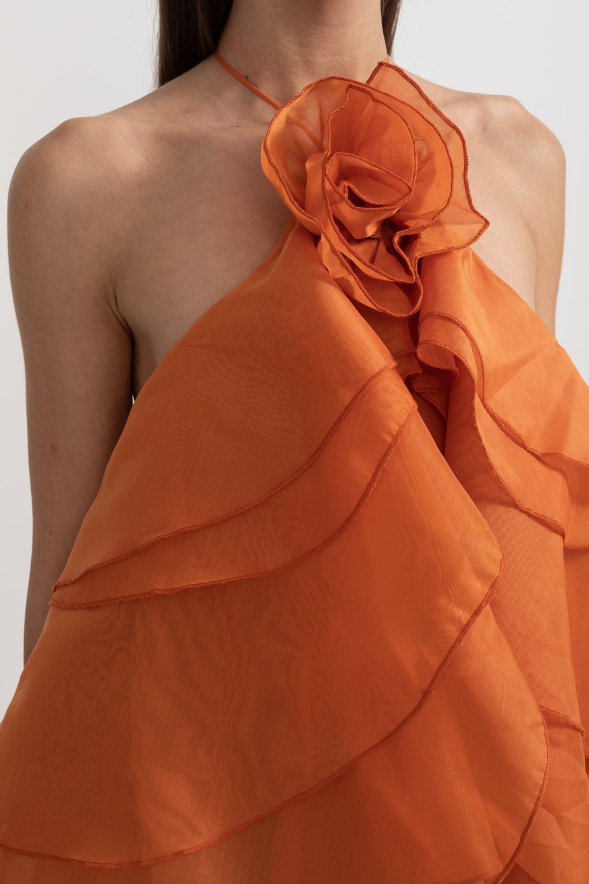 Layered Ruffle Halter Maxi Dress with Neckline Flower – Orange