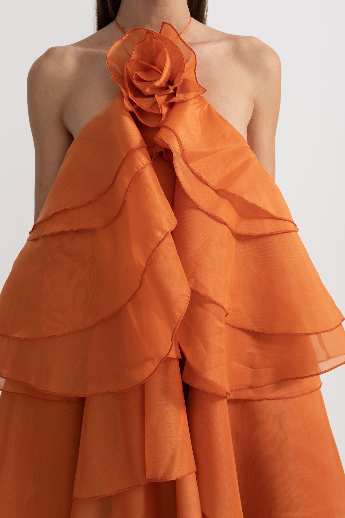 Layered Ruffle Halter Maxi Dress with Neckline Flower – Orange