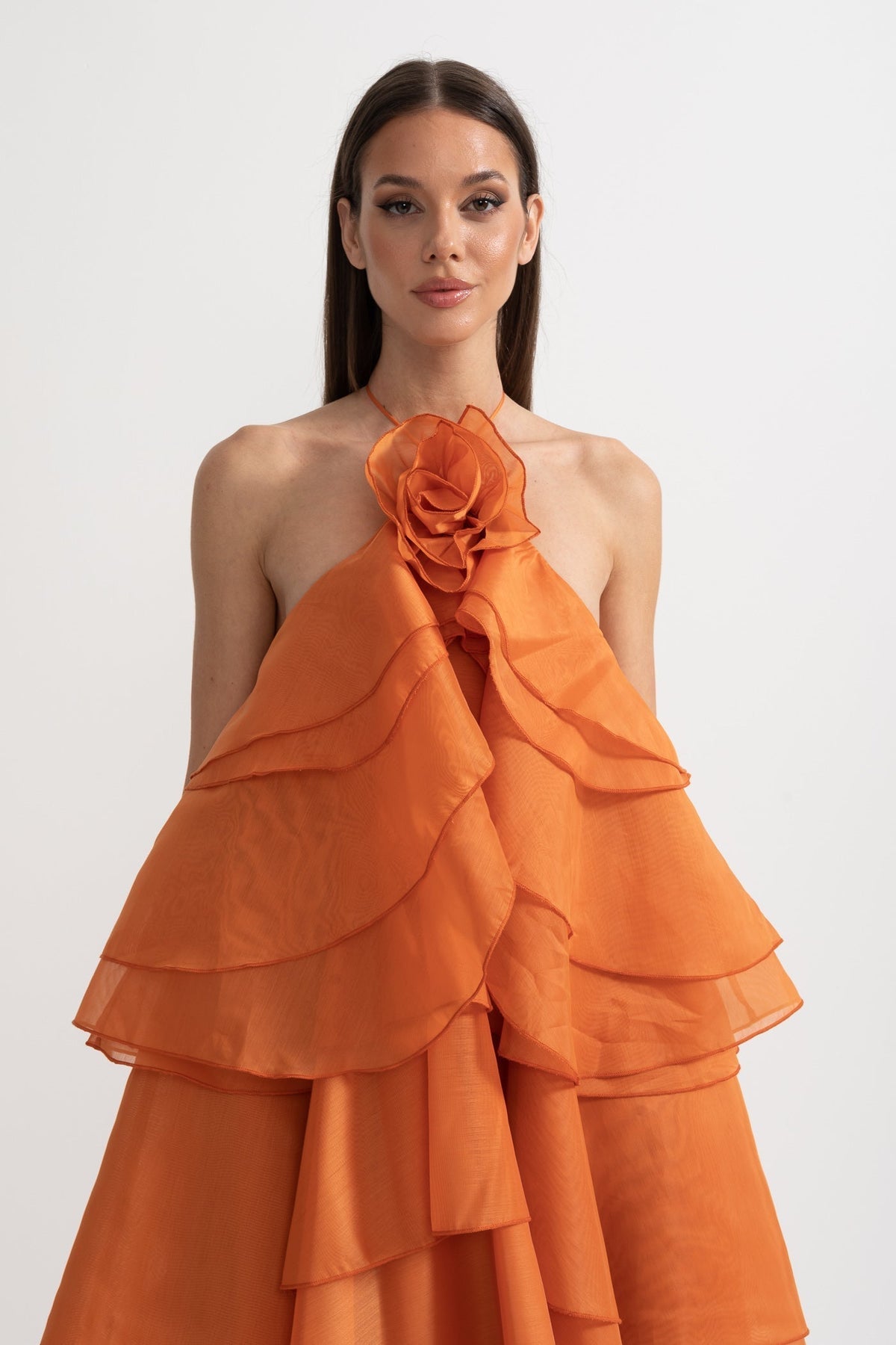 Layered Ruffle Halter Maxi Dress with Neckline Flower – Orange – view 5