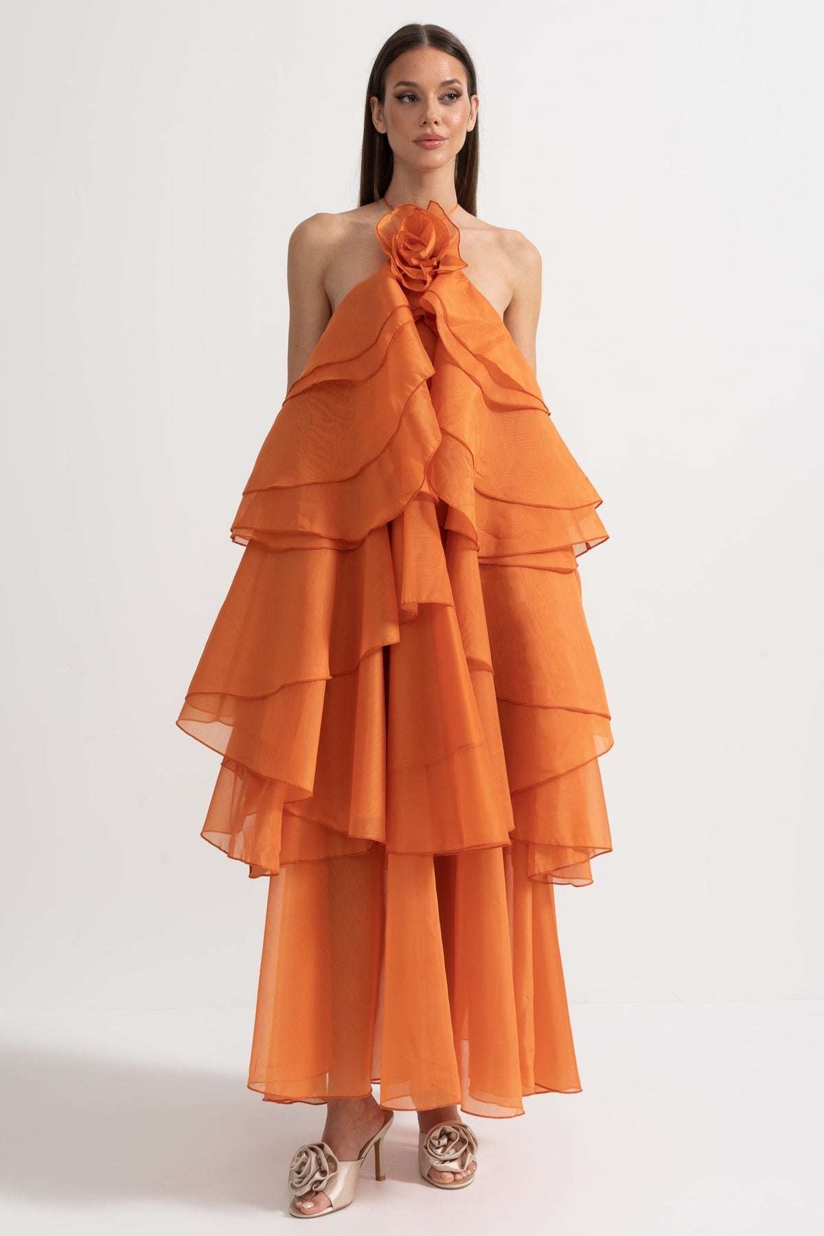 Layered Ruffle Halter Maxi Dress with Neckline Flower – Orange