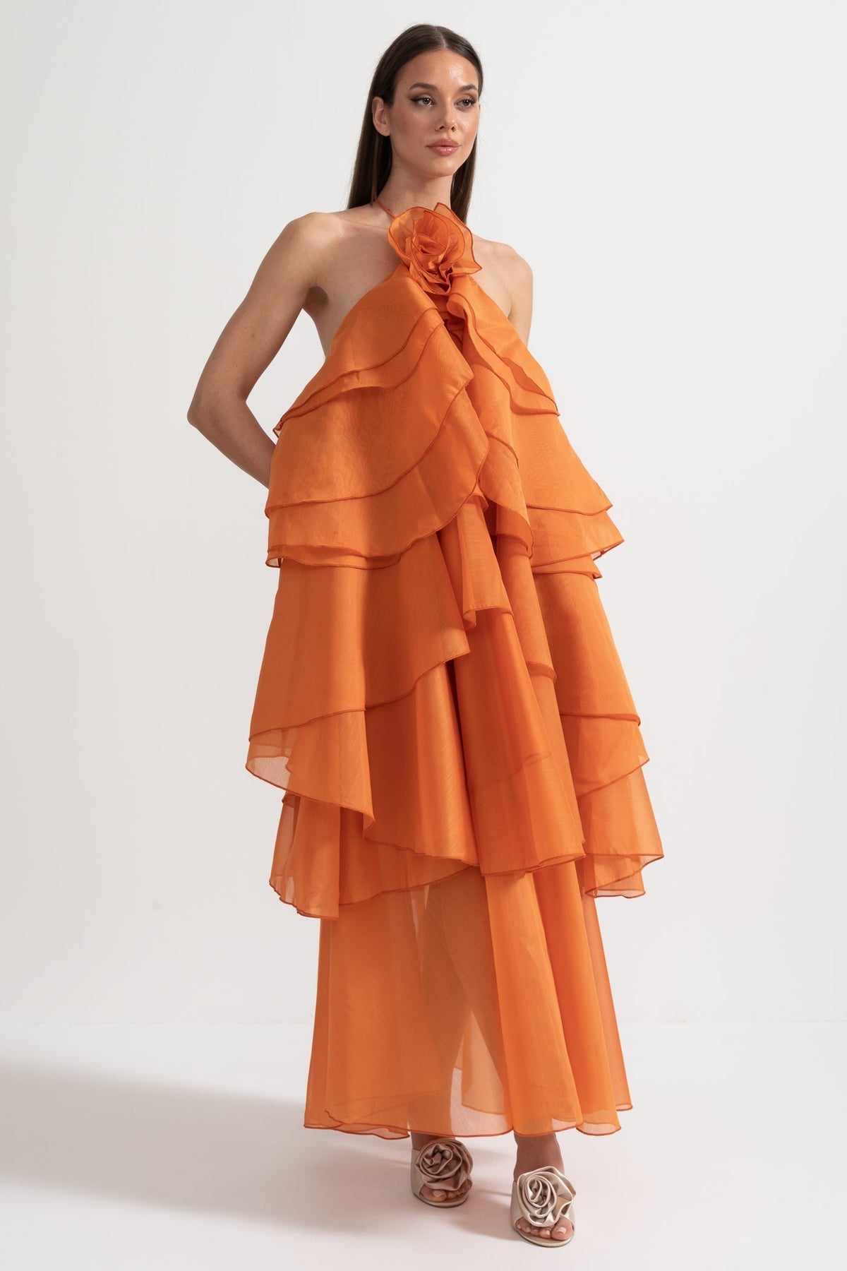 Layered Ruffle Halter Maxi Dress with Neckline Flower – Orange