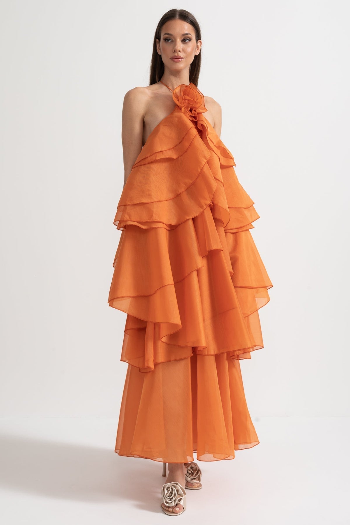 Layered Ruffle Halter Maxi Dress with Neckline Flower – Orange