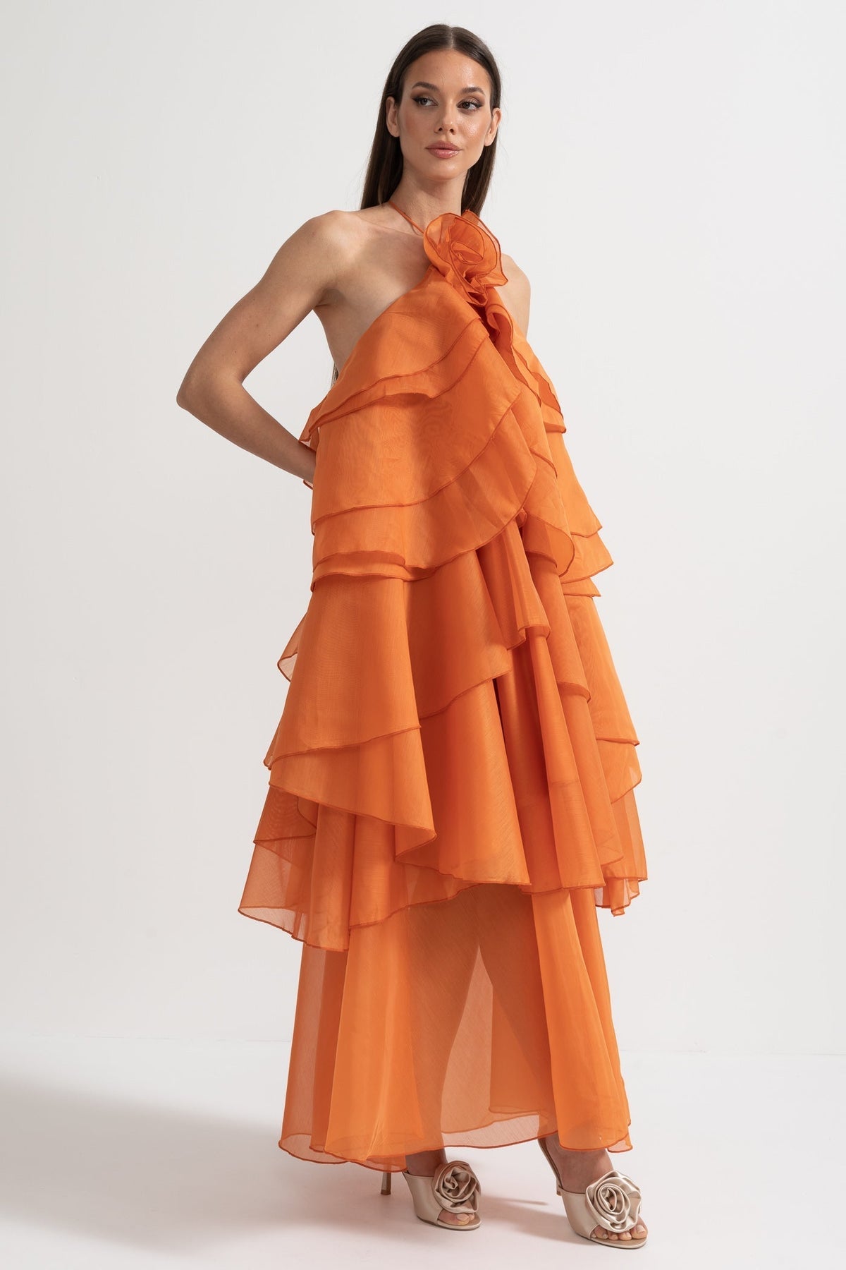 Layered Ruffle Halter Maxi Dress with Neckline Flower – Orange