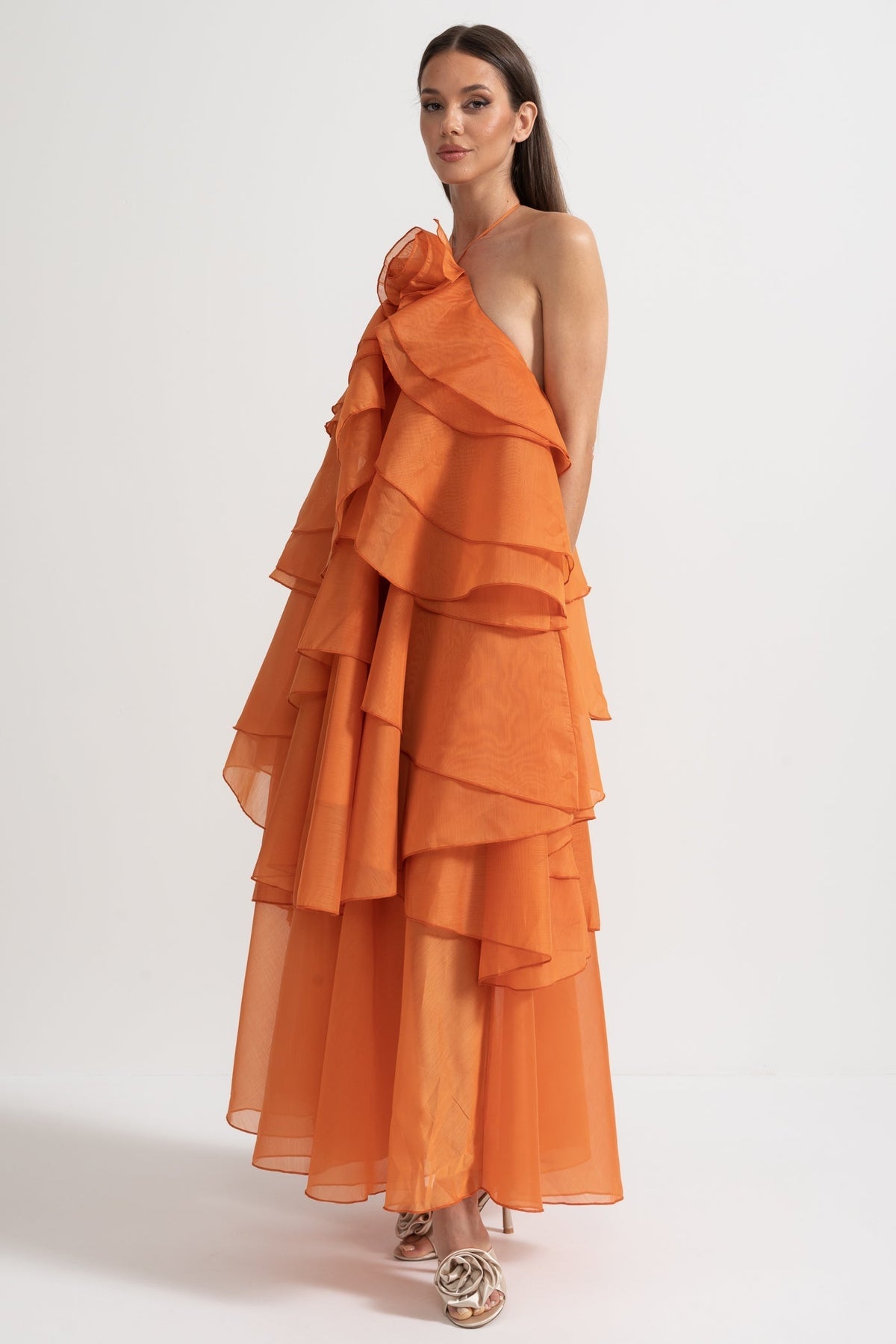 Layered Ruffle Halter Maxi Dress with Neckline Flower – Orange