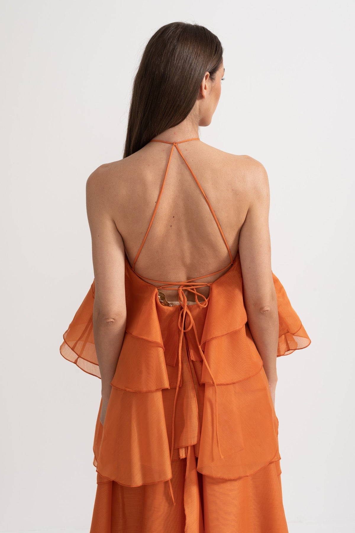 Layered Ruffle Halter Maxi Dress with Neckline Flower – Orange