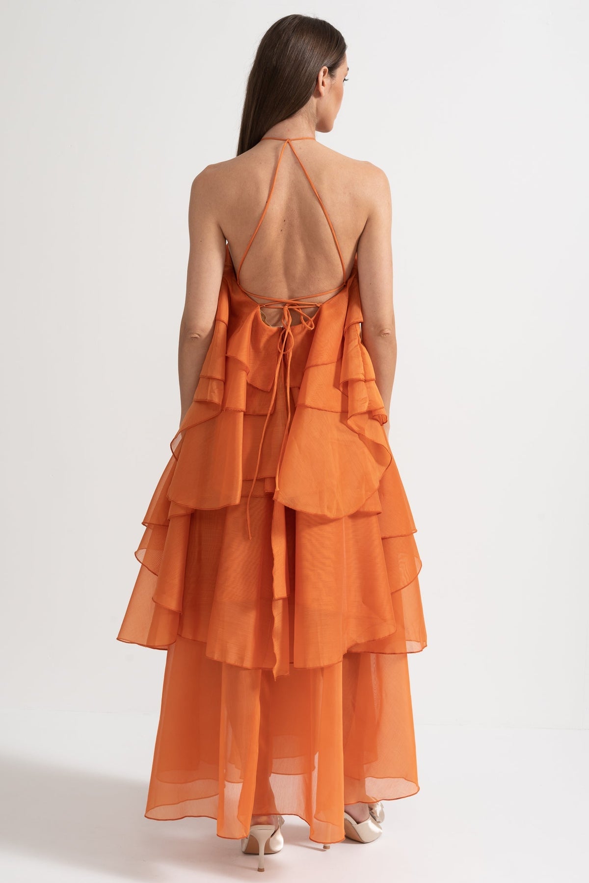 Layered Ruffle Halter Maxi Dress with Neckline Flower – Orange