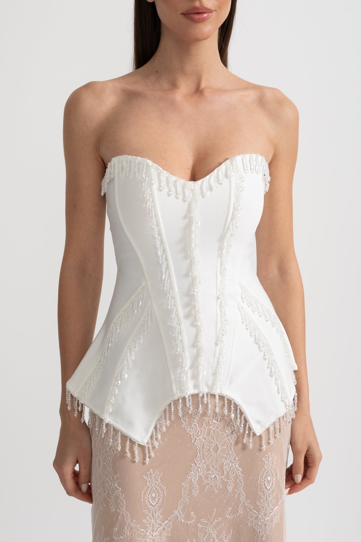 Strapless Corset Gown with Sheer Nude Maxi Skirt – White – view 6