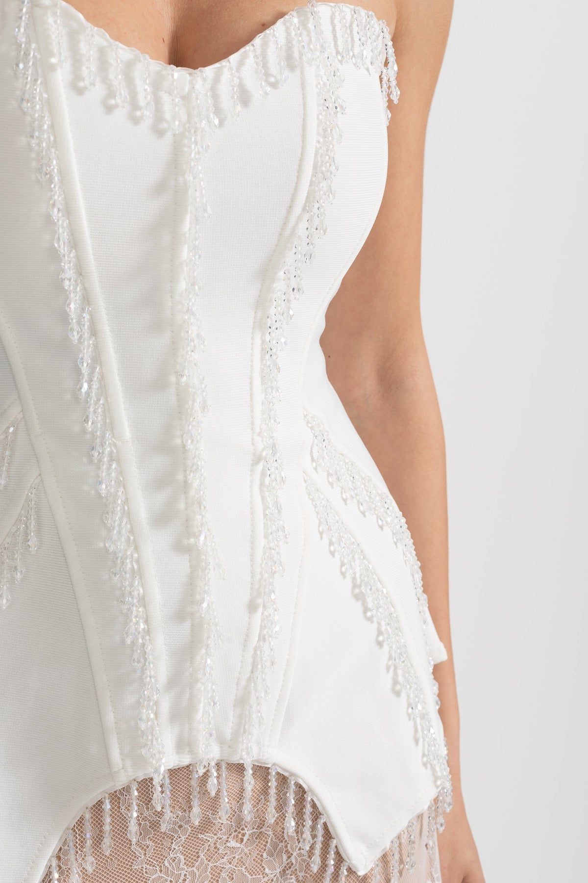 Strapless Corset Gown with Sheer Nude Maxi Skirt – White – view 9