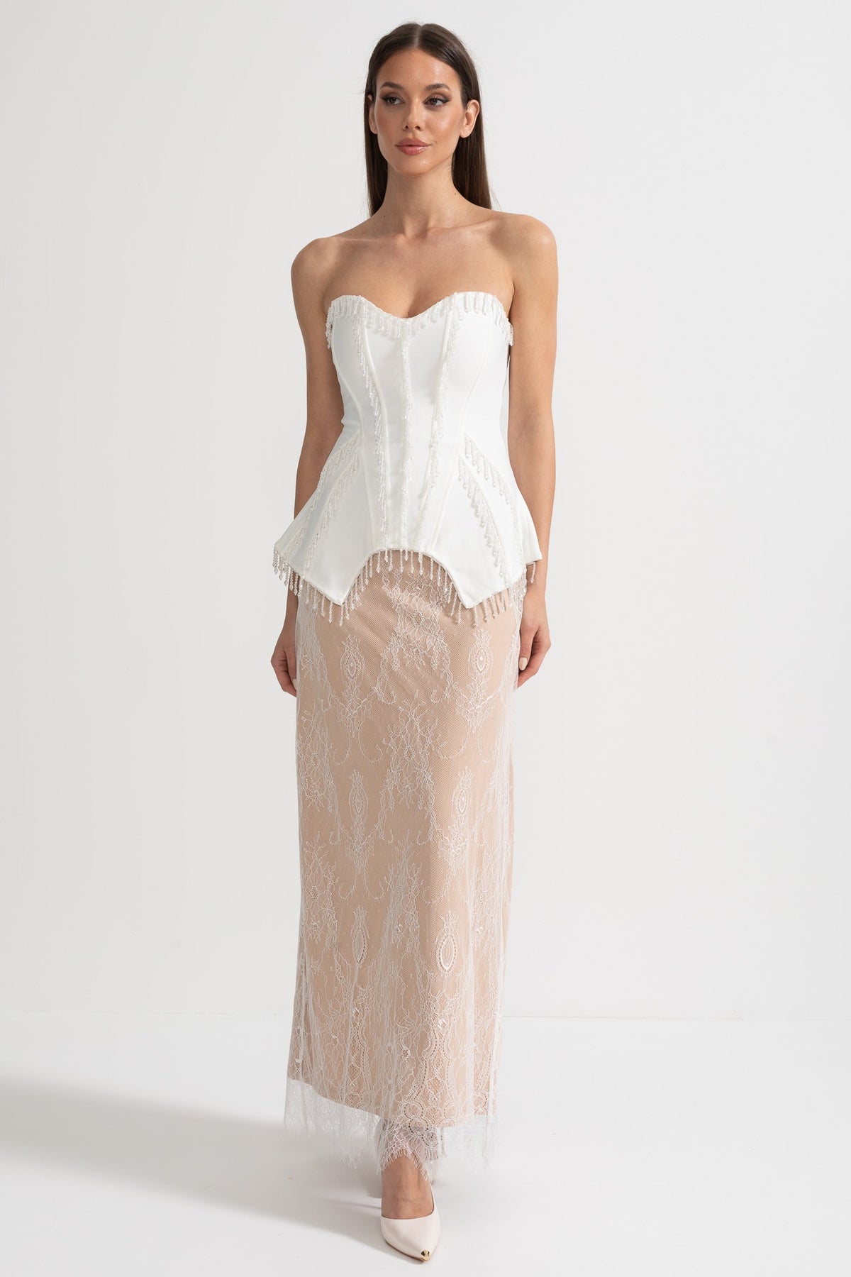 Strapless Corset Gown with Sheer Nude Maxi Skirt – White – view 11