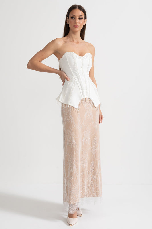 Strapless Corset Gown with Sheer Nude Maxi Skirt – White – view 2