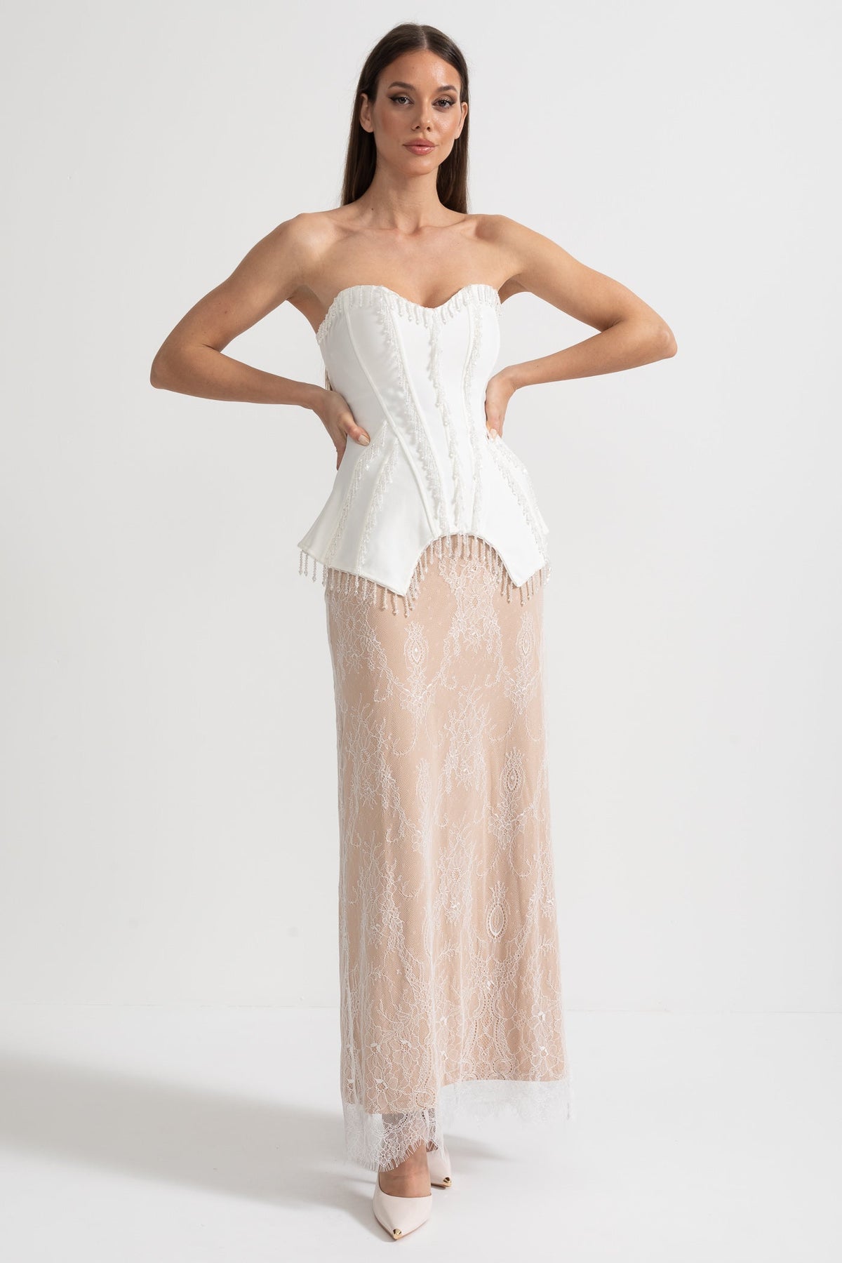 Strapless Corset Gown with Sheer Nude Maxi Skirt – White – view 3