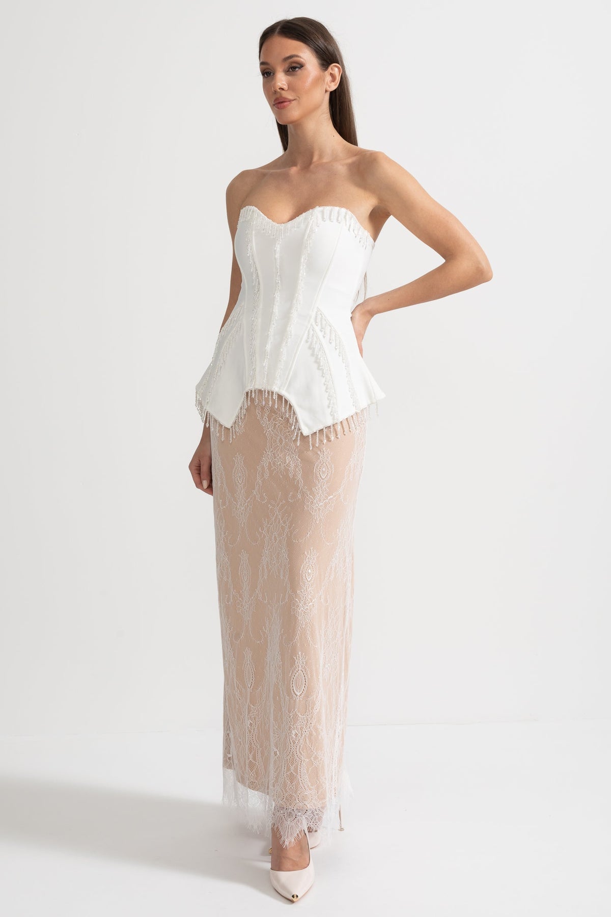 Strapless Corset Gown with Sheer Nude Maxi Skirt – White – view 4