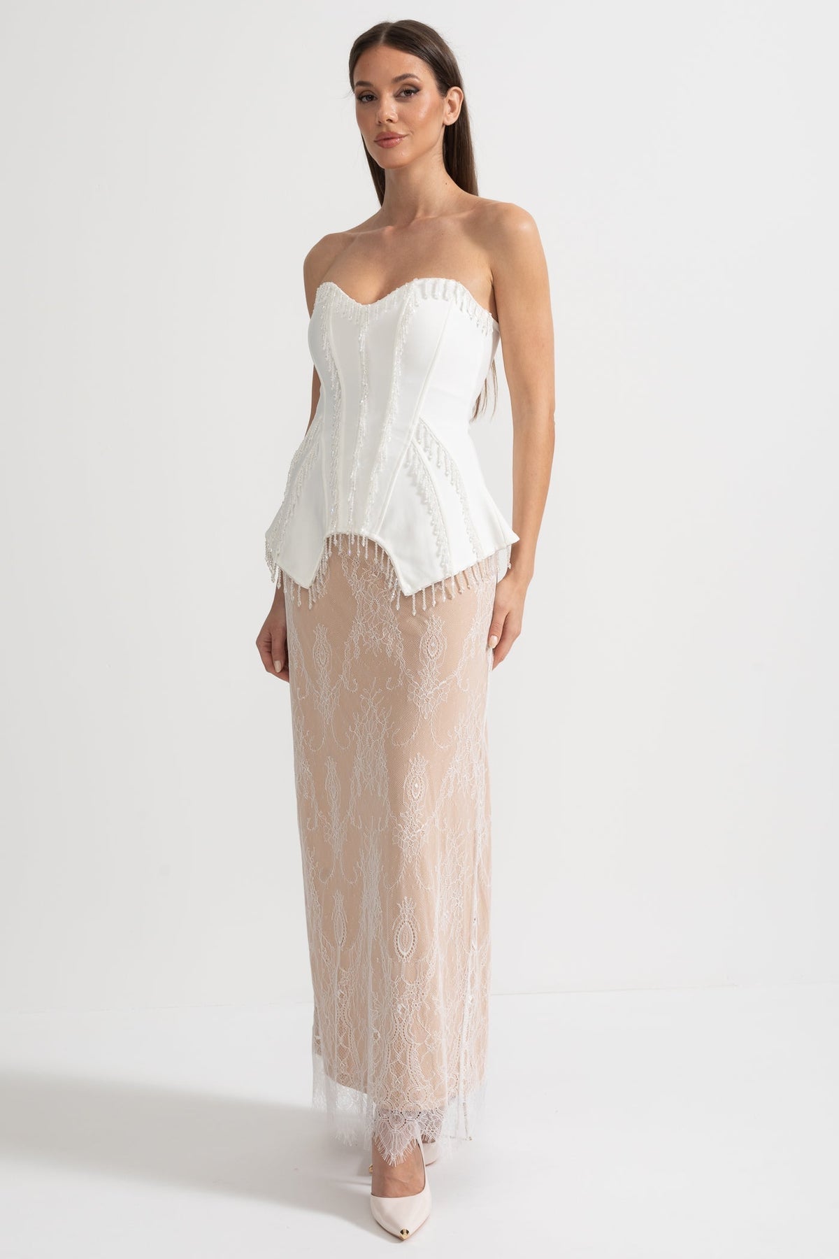 Strapless Corset Gown with Sheer Nude Maxi Skirt – White – view 12