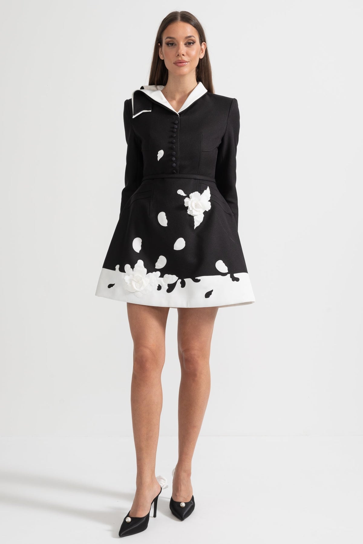 Contrast Collar Long Sleeve Dress with Fabric Flowers – Black – view 5