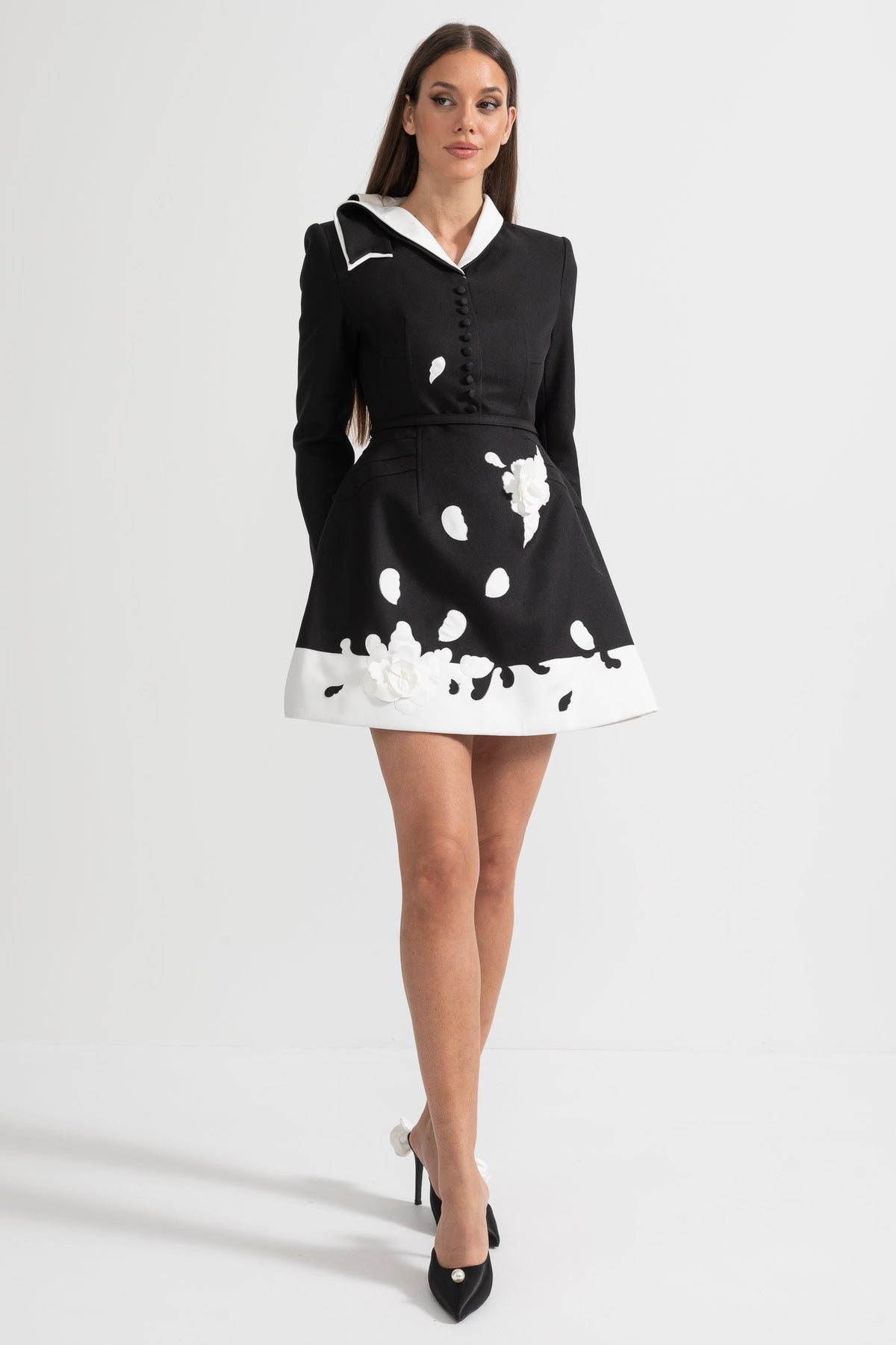 Contrast Collar Long Sleeve Dress with Fabric Flowers – Black