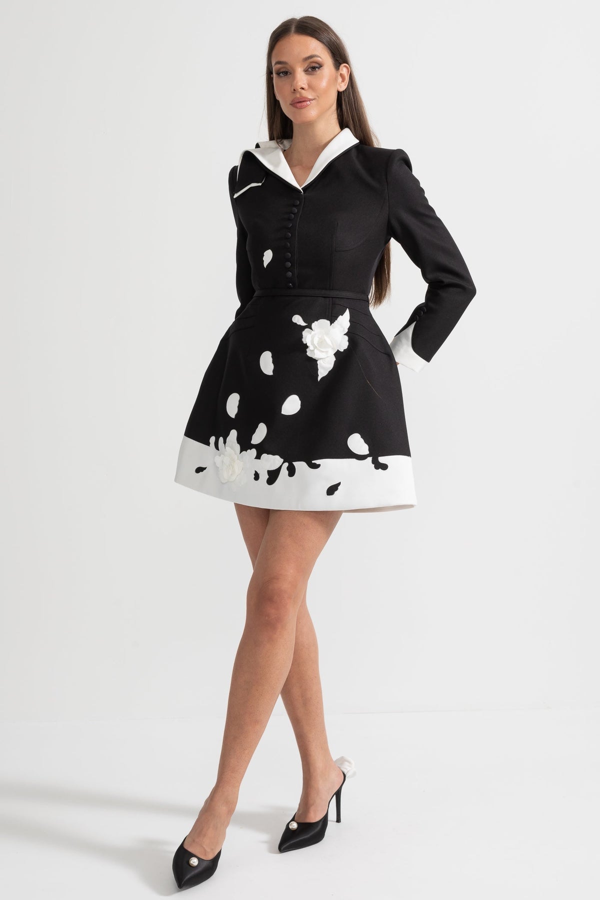 Contrast Collar Long Sleeve Dress with Fabric Flowers – Black – view 2