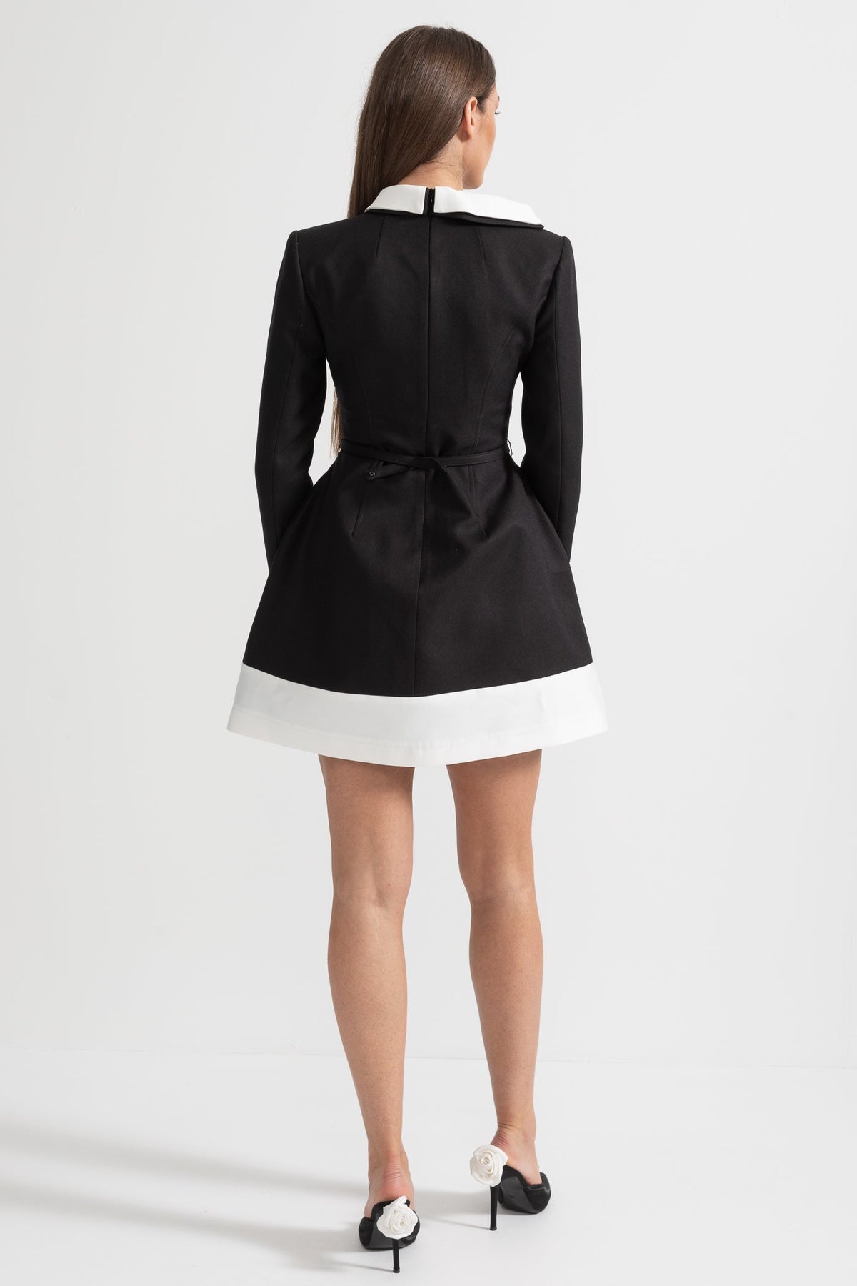 Contrast Collar Long Sleeve Dress with Fabric Flowers – Black