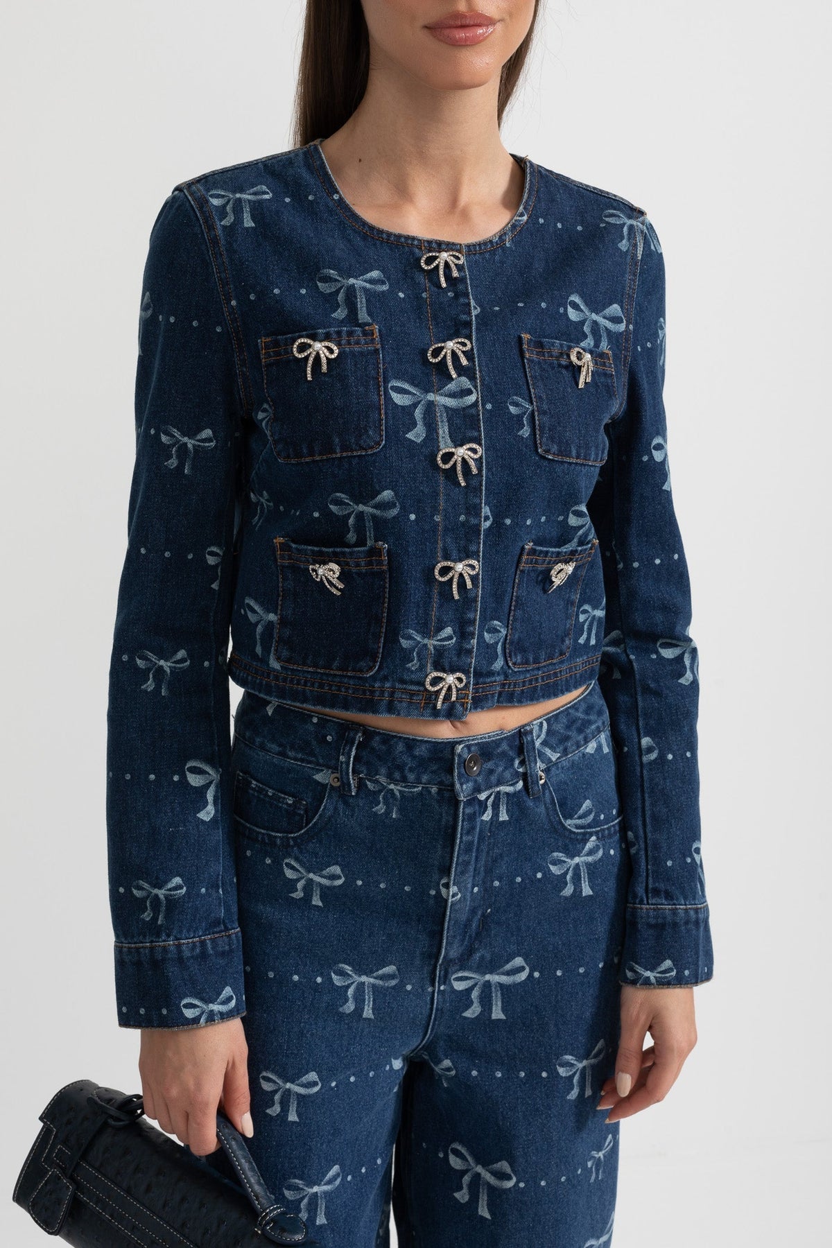 Cropped Denim Jacket and Wide Leg Jeans Co-ord Set with Bows – Blue – view 5