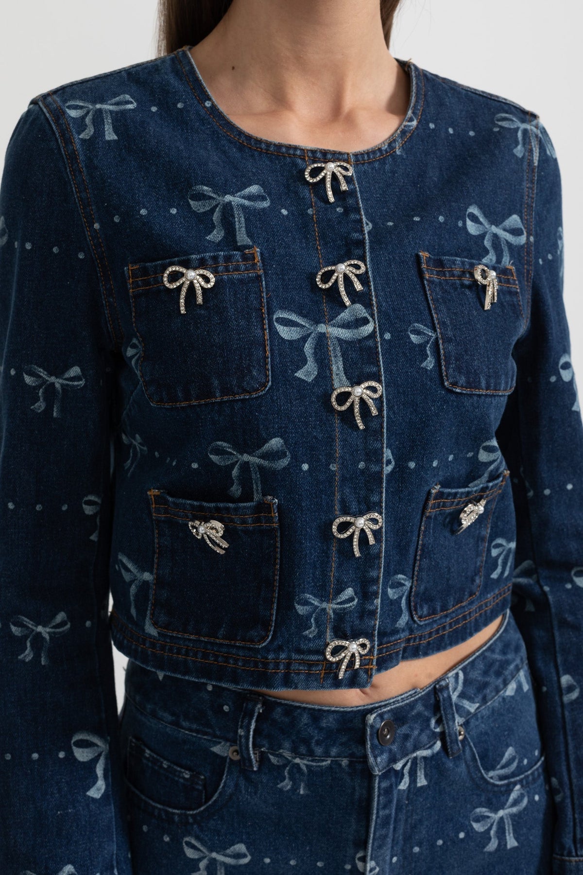 Cropped Denim Jacket and Wide Leg Jeans Co-ord Set with Bows – Blue – view 6