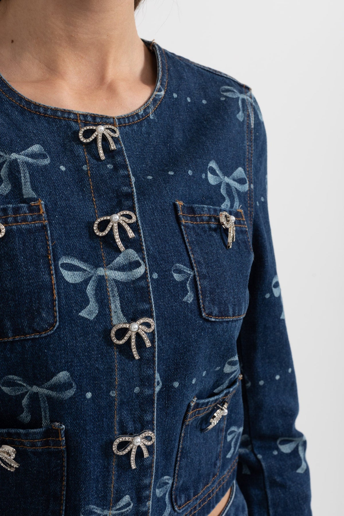 Cropped Denim Jacket and Wide Leg Jeans Co-ord Set with Bows – Blue – view 7