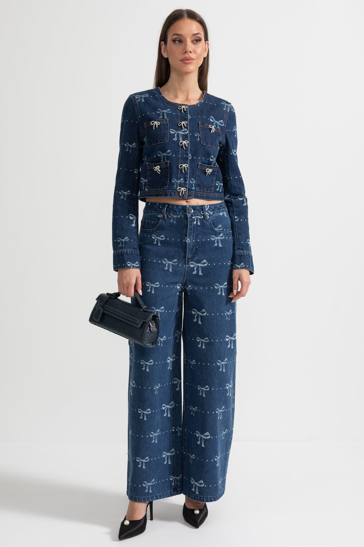 Cropped Denim Jacket and Wide Leg Jeans Co-ord Set with Bows – Blue – view 2