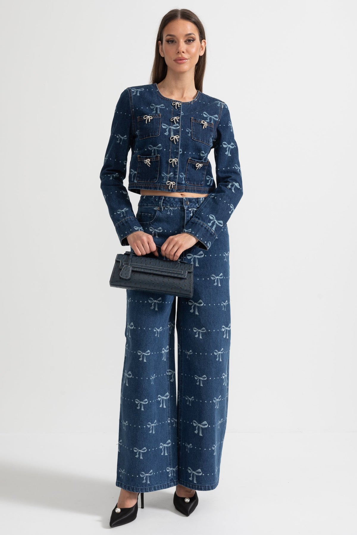 Cropped Denim Jacket and Wide Leg Jeans Co-ord Set with Bows – Blue – view 1