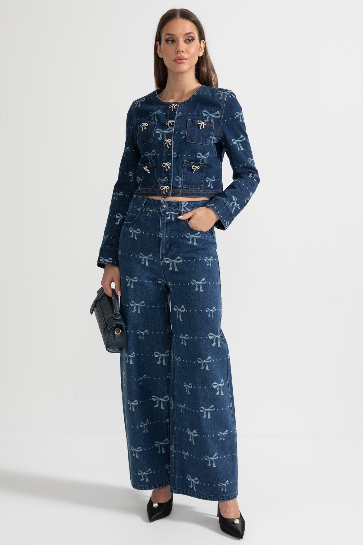 Cropped Denim Jacket and Wide Leg Jeans Co-ord Set with Bows – Blue – view 4