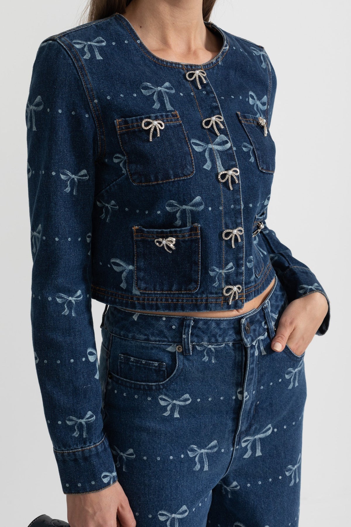 Cropped Denim Jacket and Wide Leg Jeans Co-ord Set with Bows – Blue – view 9