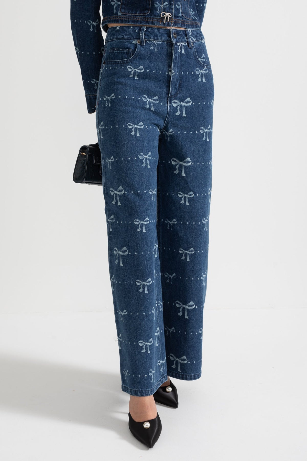 Cropped Denim Jacket and Wide Leg Jeans Co-ord Set with Bows – Blue – view 10