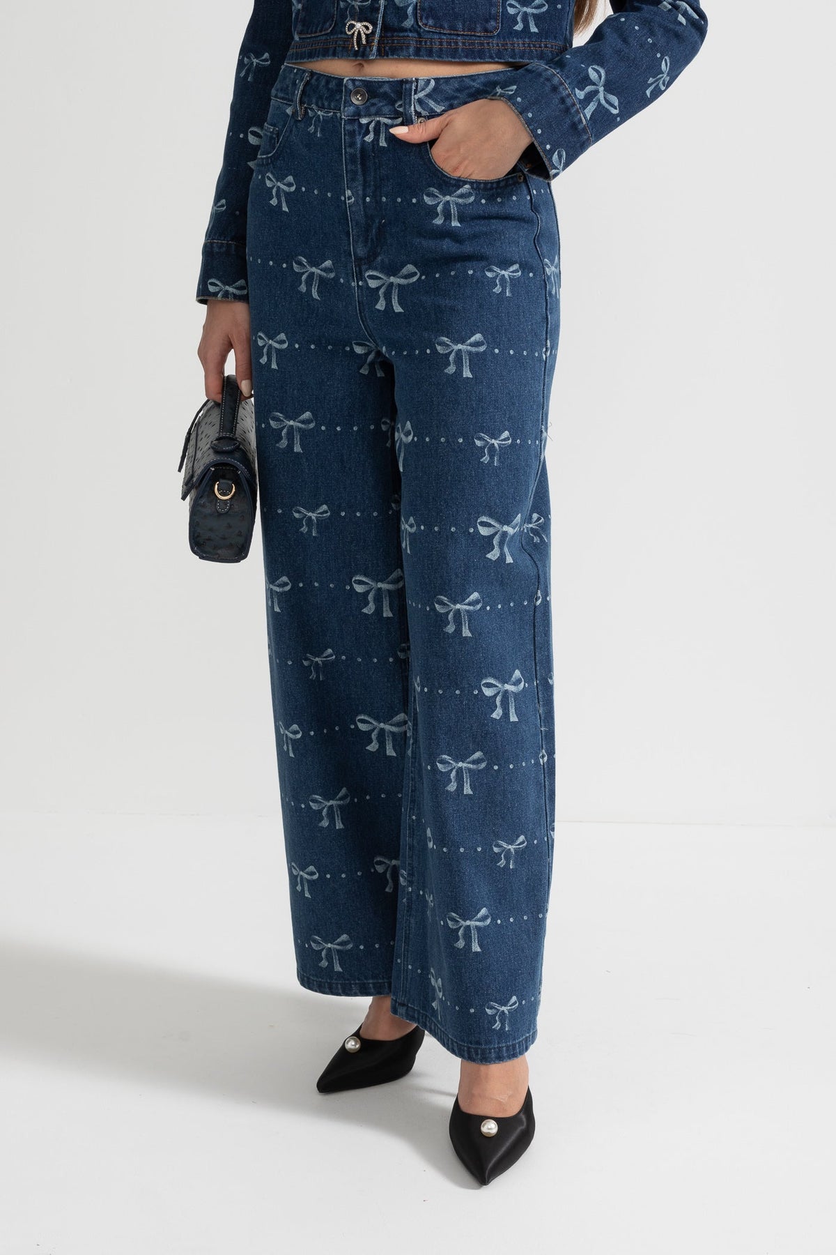 Cropped Denim Jacket and Wide Leg Jeans Co-ord Set with Bows – Blue – view 11