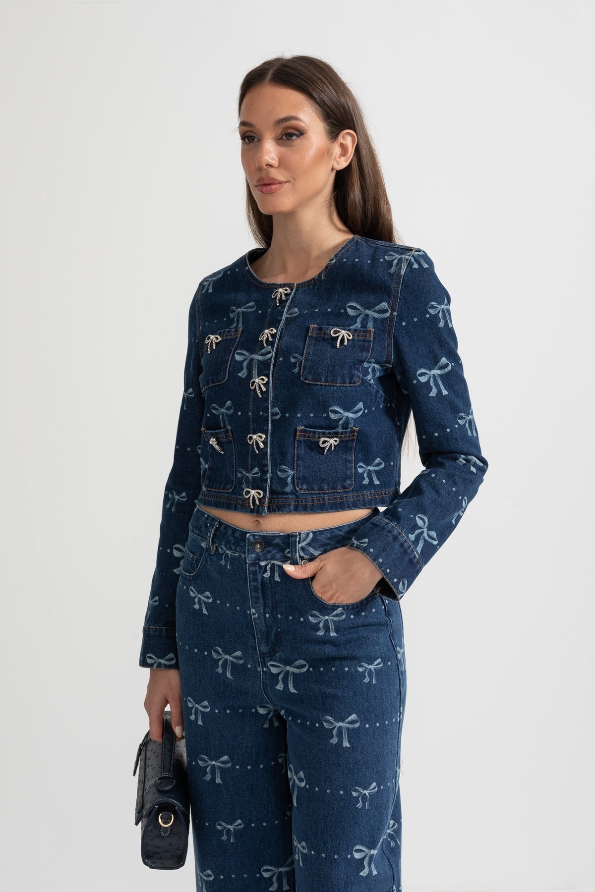 Cropped Denim Jacket and Wide Leg Jeans Co-ord Set with Bows – Blue – view 12