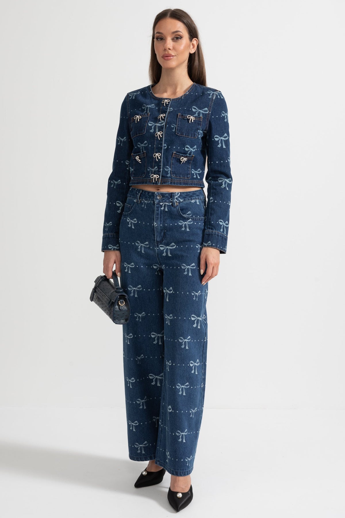 Cropped Denim Jacket and Wide Leg Jeans Co-ord Set with Bows – Blue – view 3