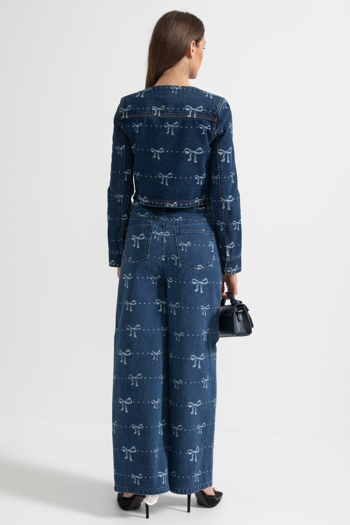 Cropped Denim Jacket and Wide Leg Jeans Co-ord Set with Bows – Blue – view 15