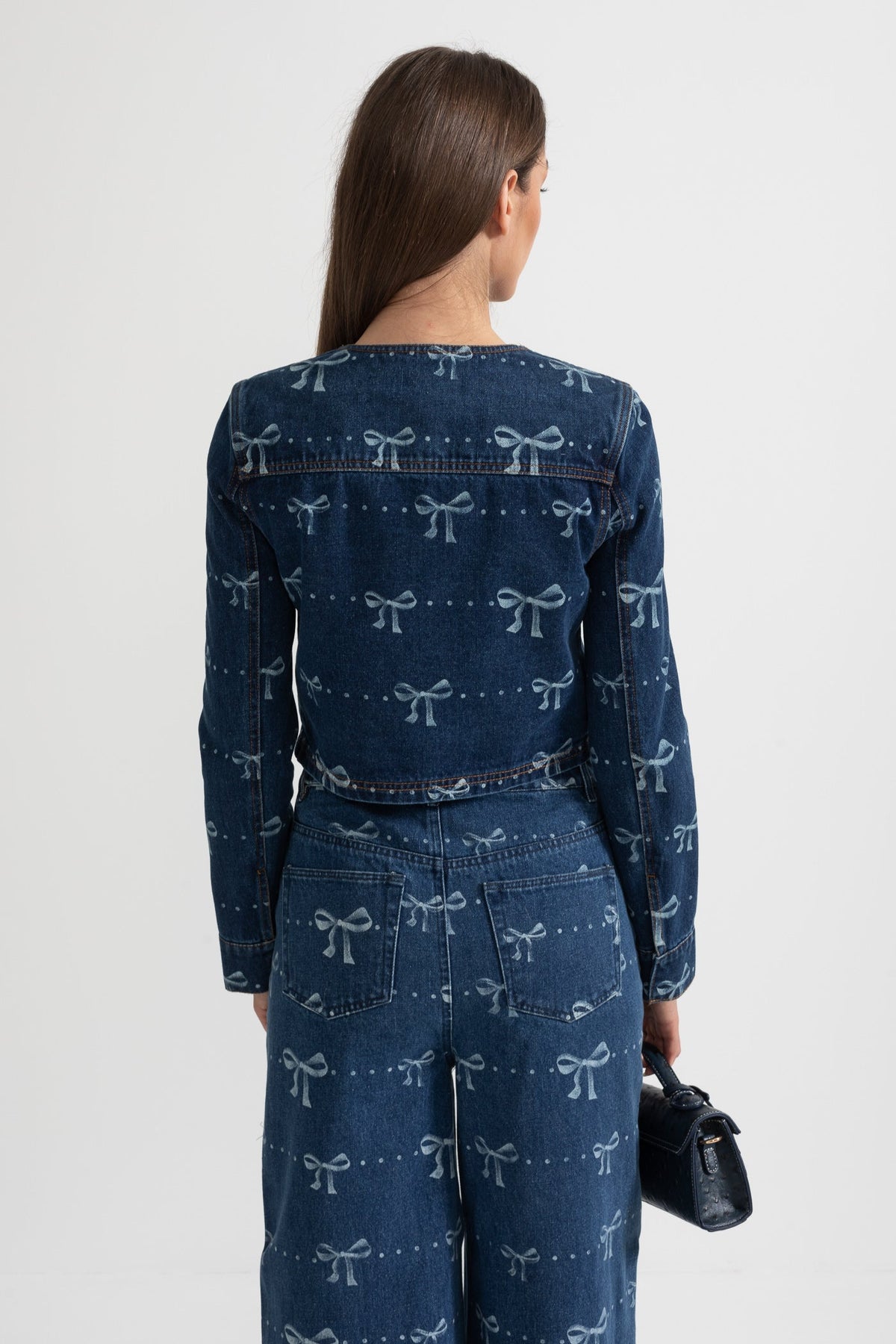 Cropped Denim Jacket and Wide Leg Jeans Co-ord Set with Bows – Blue – view 14