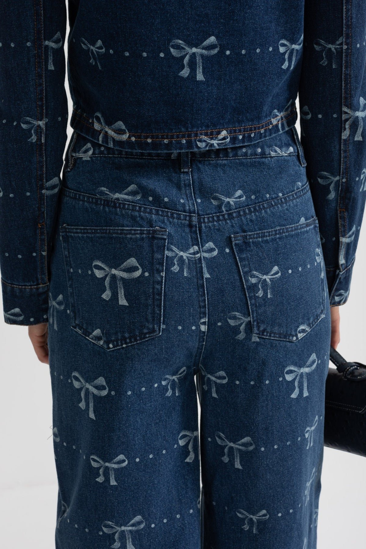 Cropped Denim Jacket and Wide Leg Jeans Co-ord Set with Bows – Blue – view 13
