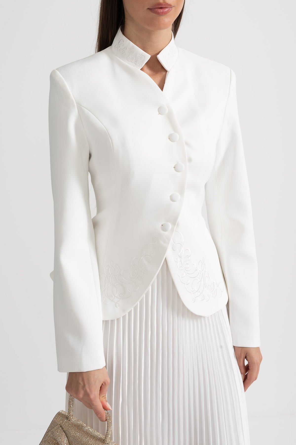 Mandarin Collar Jacket and Pleated Maxi Skirt Co-ord Set – White – view 5