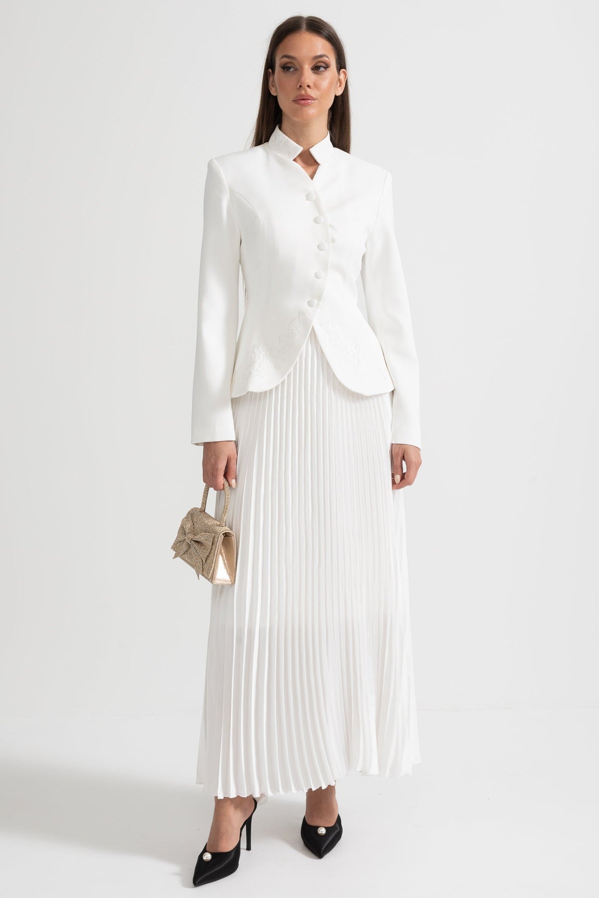 Mandarin Collar Jacket and Pleated Maxi Skirt Co-ord Set – White – view 3