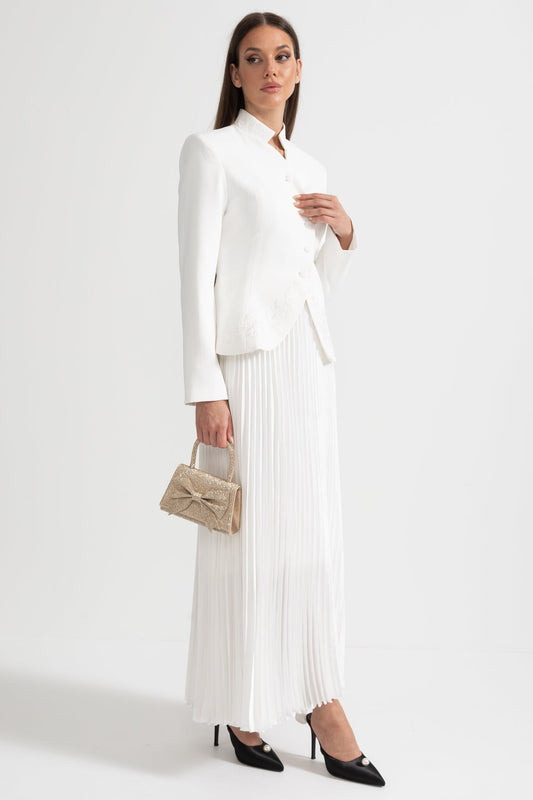 Mandarin Collar Jacket and Pleated Maxi Skirt Co-ord Set – White – view 2