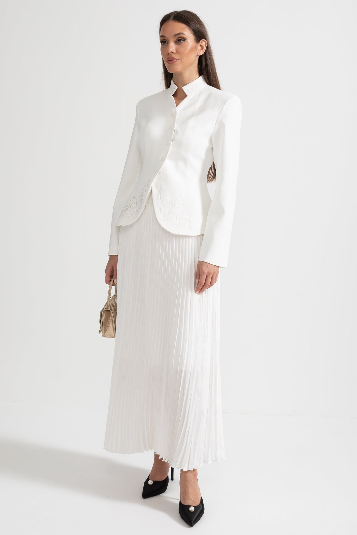 Mandarin Collar Jacket and Pleated Maxi Skirt Co-ord Set – White – view 4